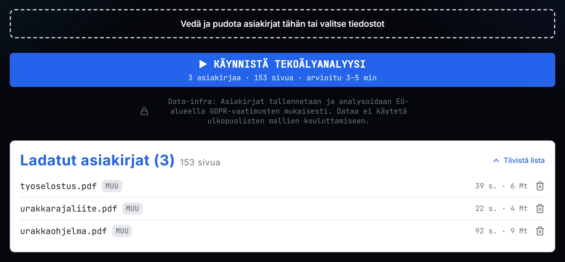 Latausnäkymä, jossa ladatut PDF-tiedostot.
