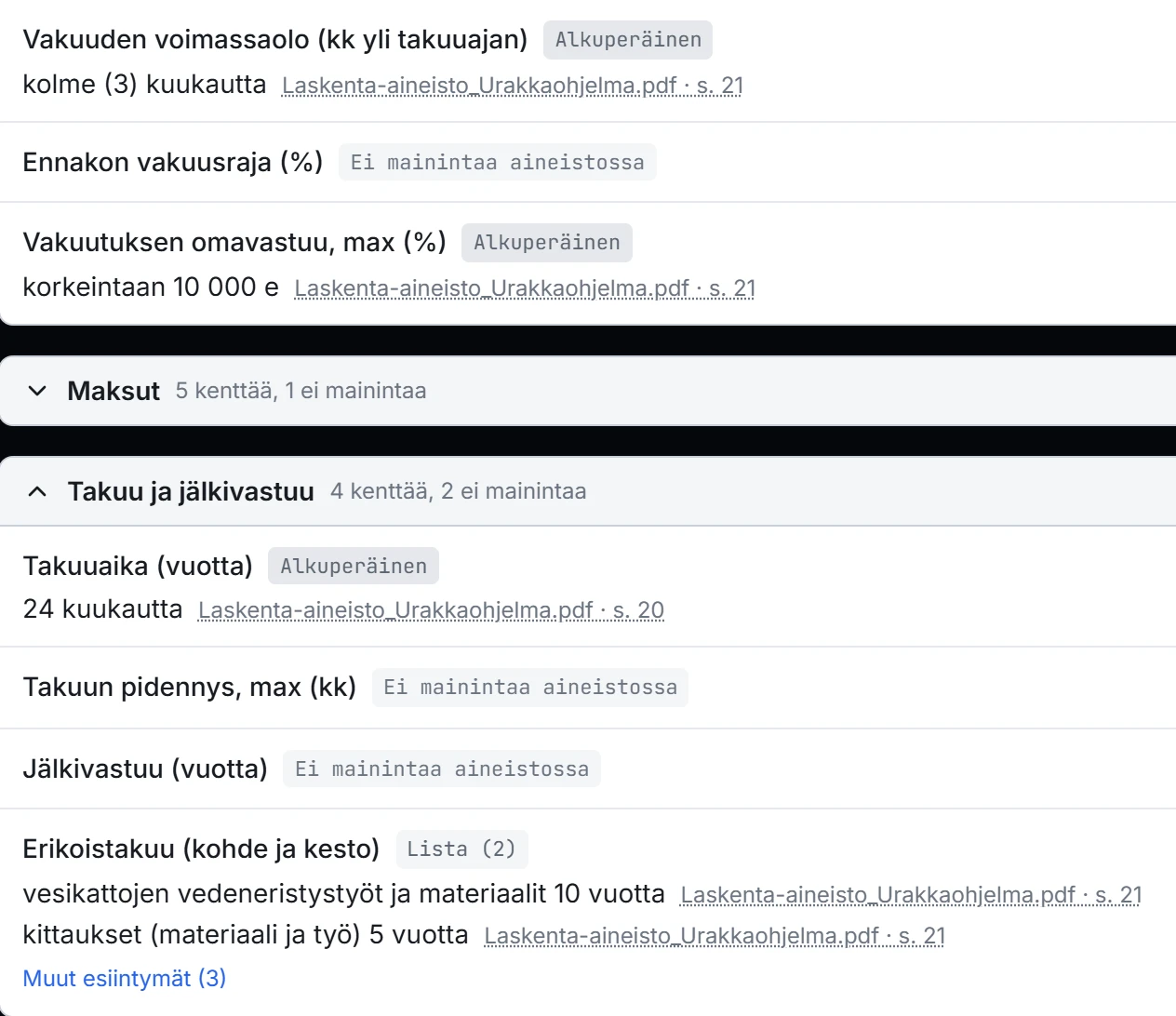 Urakkayhteenveto, jossa urakan kovat ehdot taulukkona.