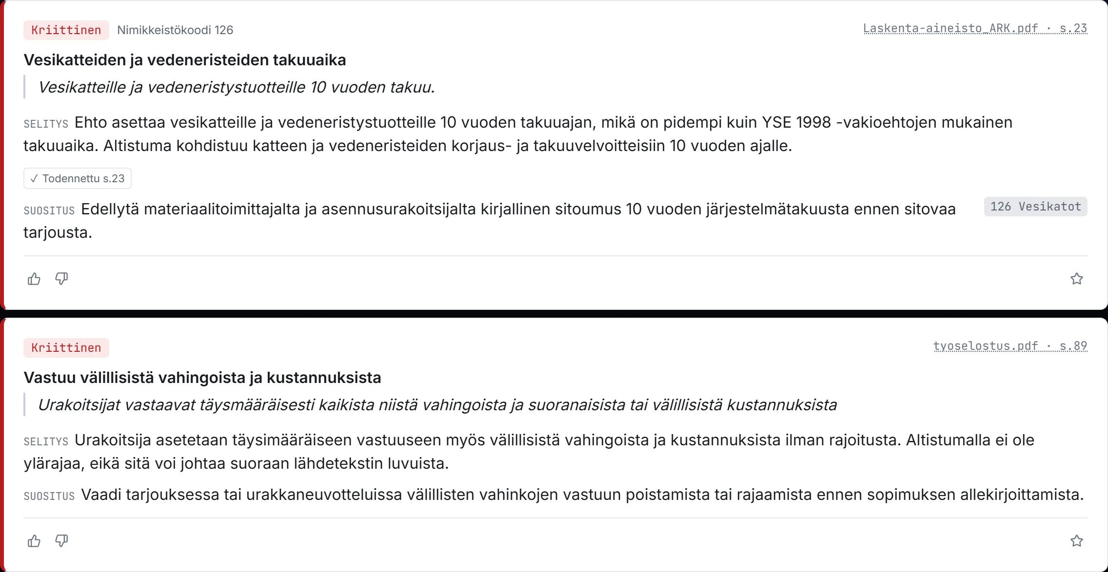 Löydösrivejä, joissa ote asiakirjasta, tiedoston nimi ja sivu.
